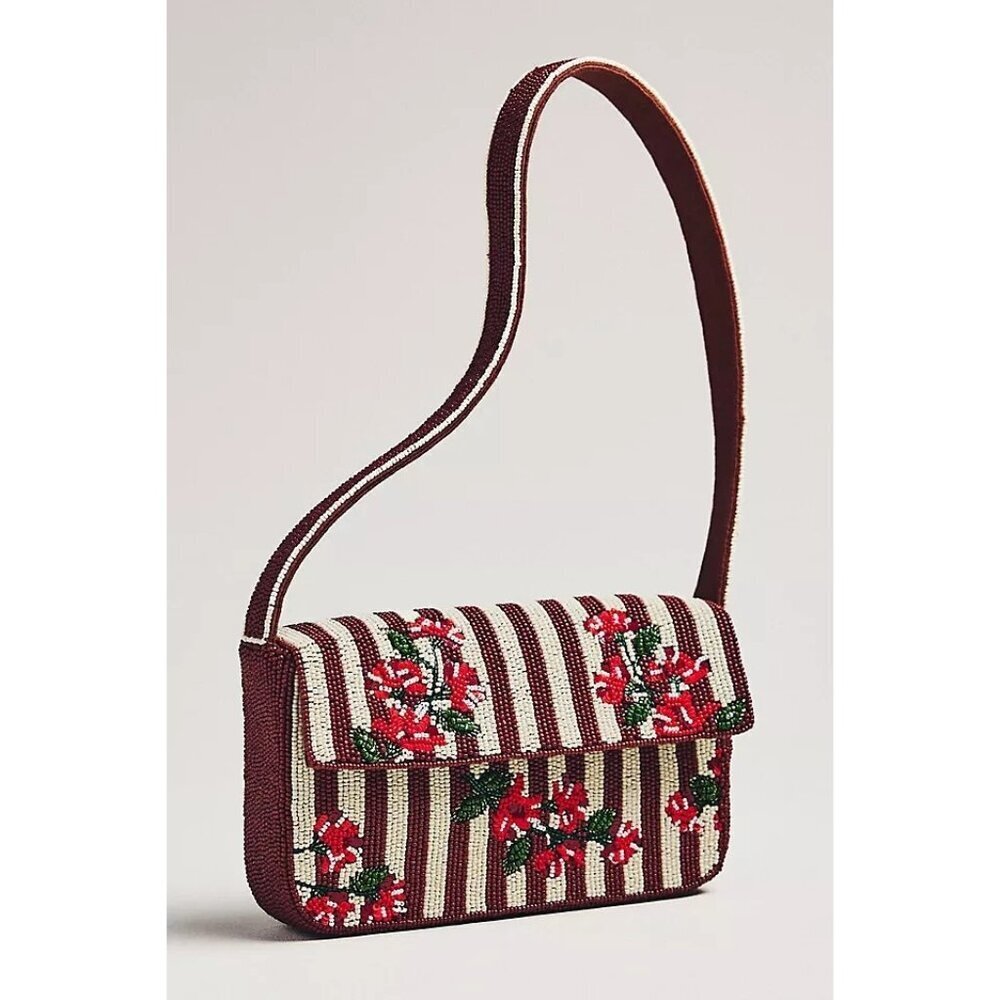 Anthropologie The Fiona Beaded Bag: Maroon Stripe Christmas Motif - Picture 1 of 4